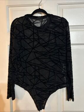 Black Geometric Mesh Long-Sleeve Bodysuit